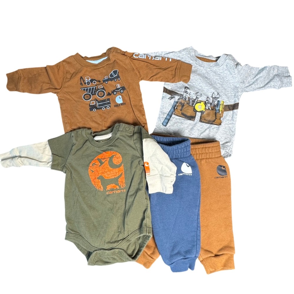 Carhartt Baby Boy 3M 5-Piece Lot Bodysuits and Joggers Construction Hunting